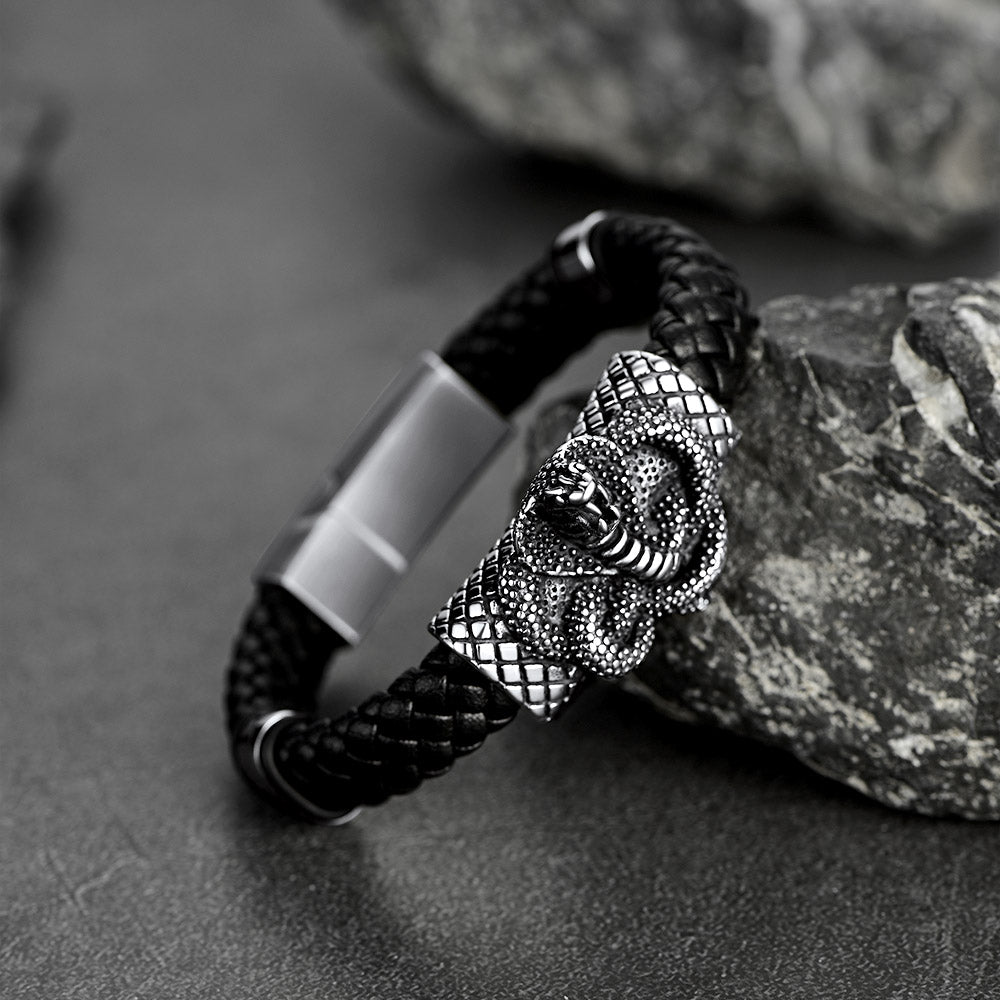 Gothic Black Cobra Snake Leather Bracelet Cuff Band for Men