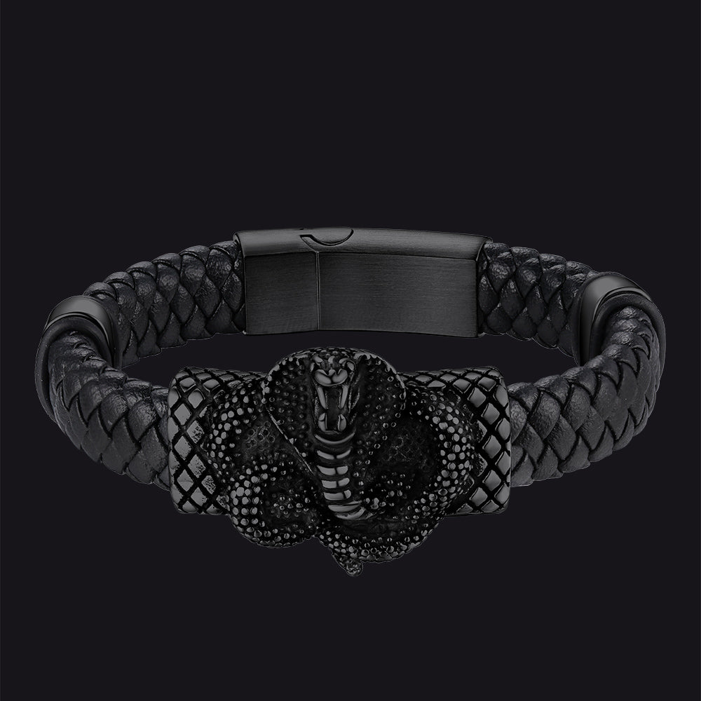 Gothic Black Cobra Snake Leather Bracelet Cuff Band for Men