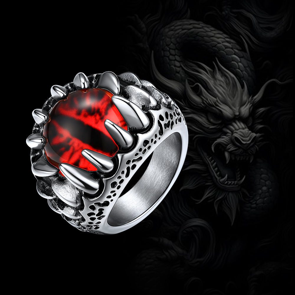 Gothic Dragon Teeth Red Evil Eyes Ring For Men