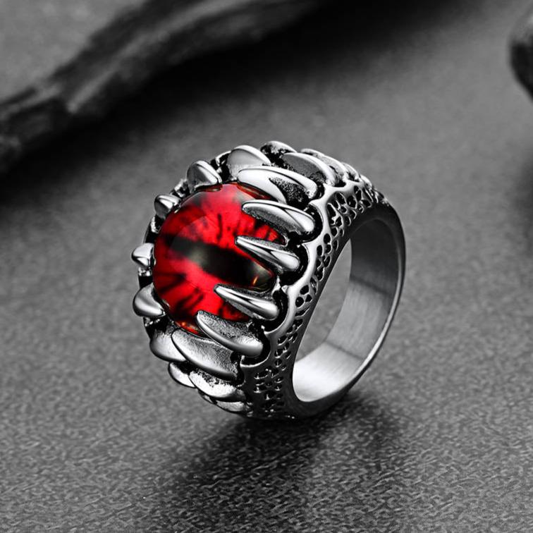 Gothic Dragon Teeth Red Evil Eyes Ring For Men