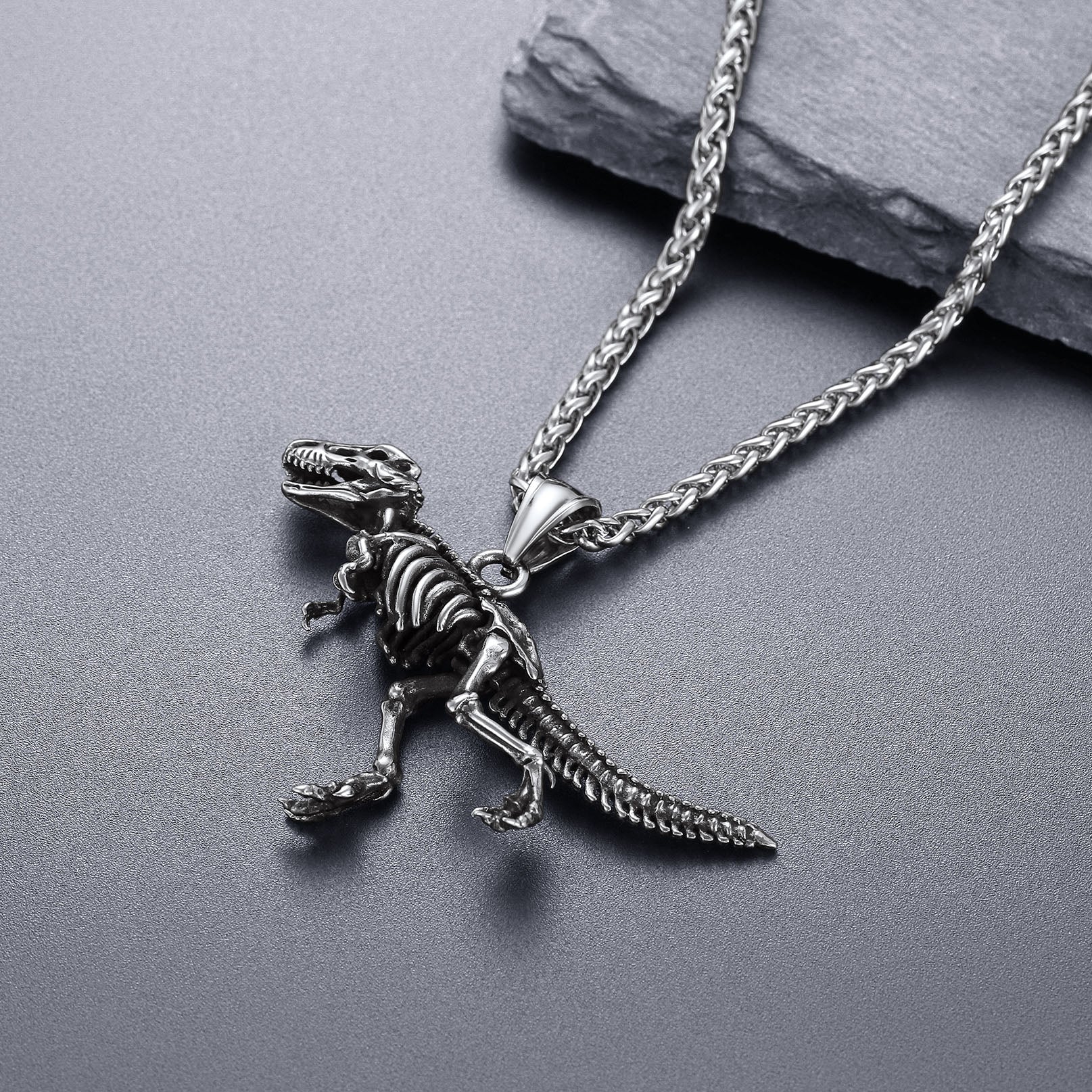 Punk Dinosaur Skeleton Necklace for Men in Stainless Steel