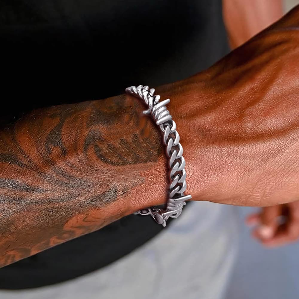 Barbed Wire Cuban Link Bracelet for Men in Stainless Steel