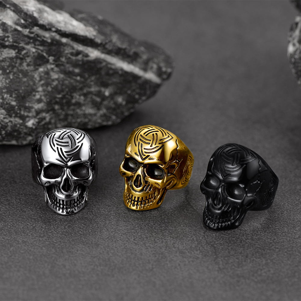 Gothic Skull Ring For Men With Viking Celtic Triquetra