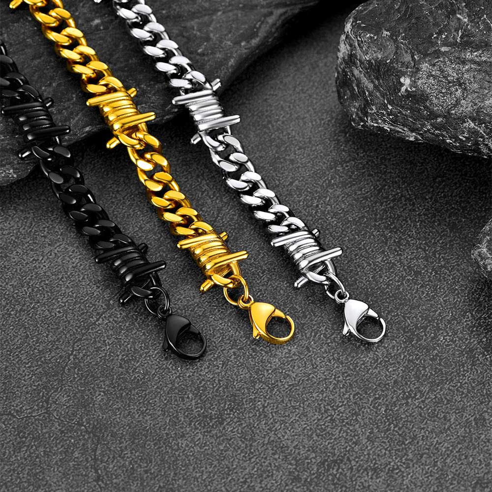 Barbed Wire Cuban Link Bracelet for Men in Stainless Steel