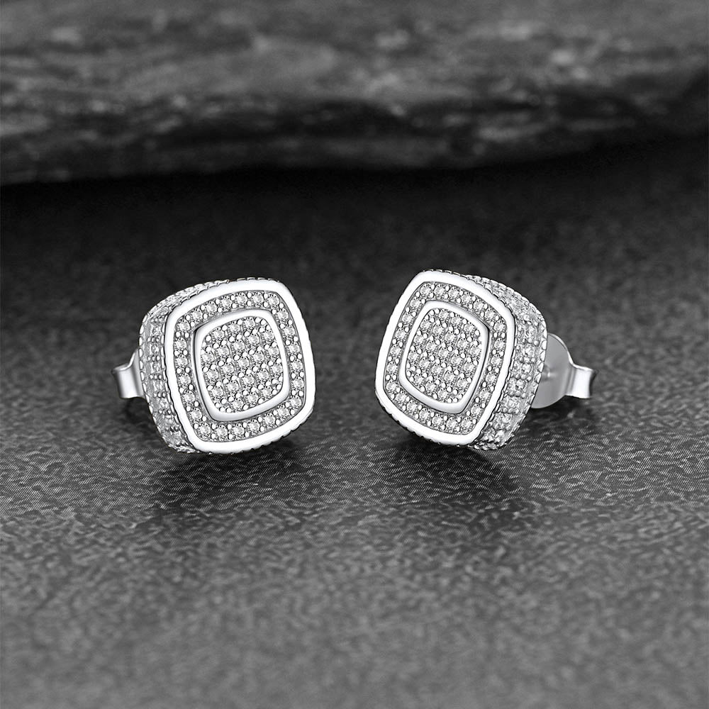 Sterling Silver Cushion Cut Diamond Stud Earrings for Men Women