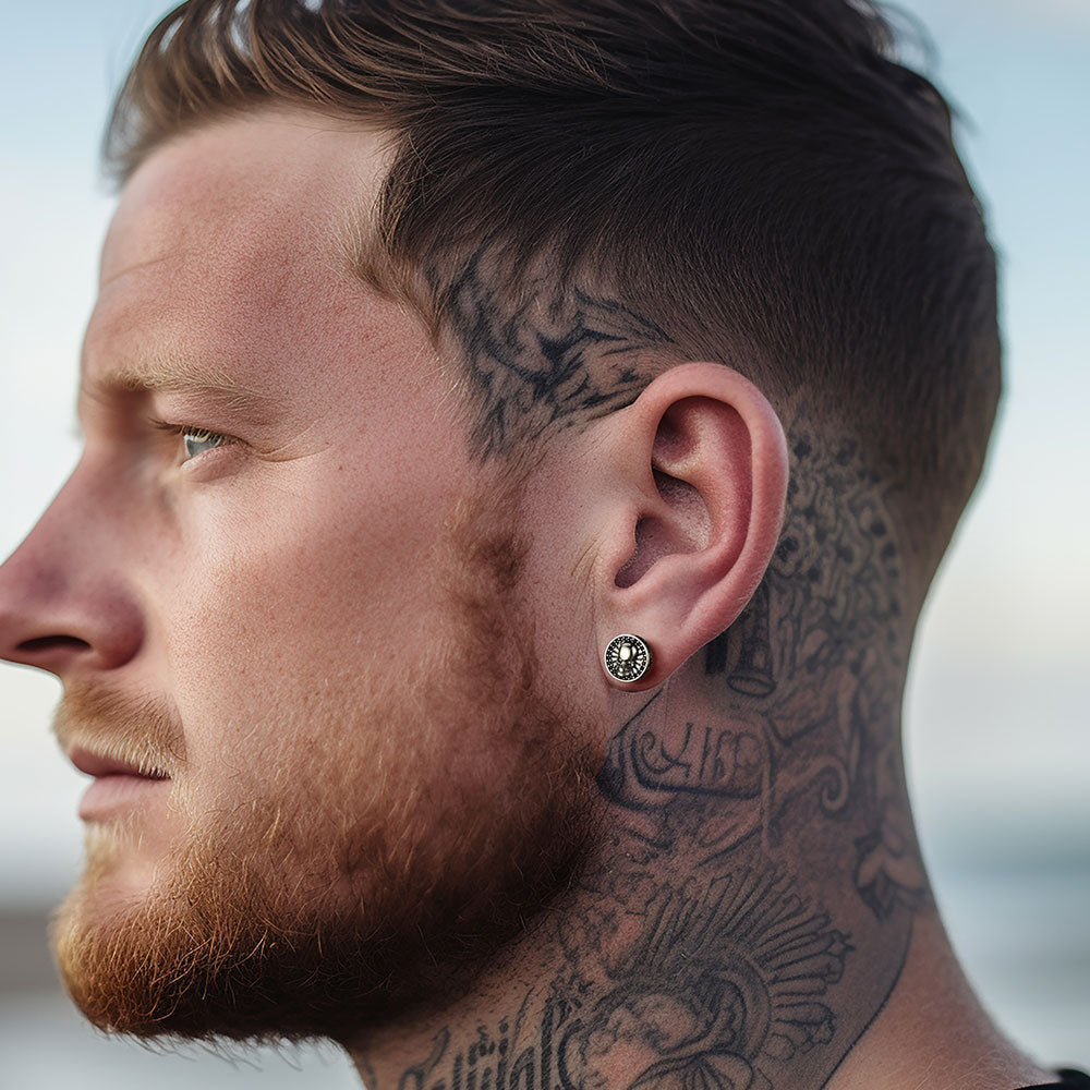 Men's Skull Stud Earrings With Runes in Sterling Silver