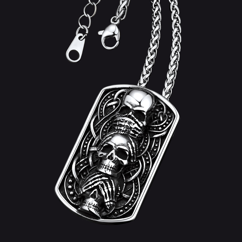 See No Evil, Hear No Evil, Speak No Evil Skulls Dog Tag Necklace for Men