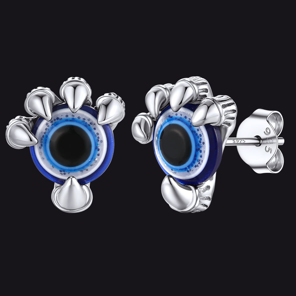 Sterling Silver Dragon Claw Evil Eye Stud Earrings For Men