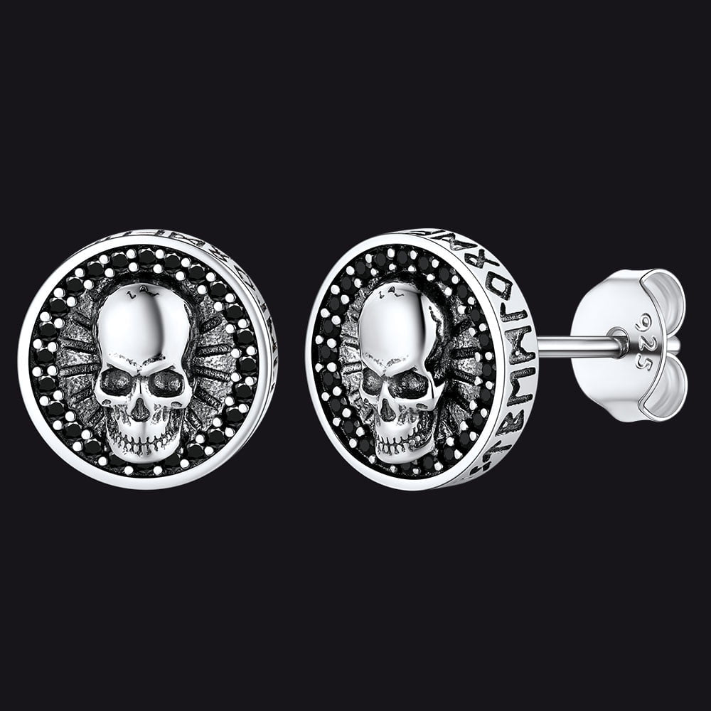 Men's Skull Stud Earrings With Runes in Sterling Silver