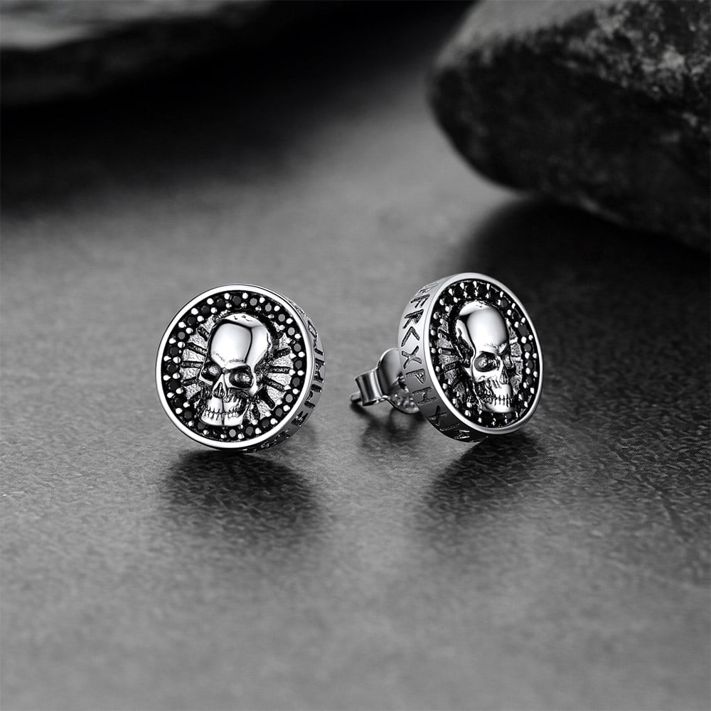 Men's Skull Stud Earrings With Runes in Sterling Silver
