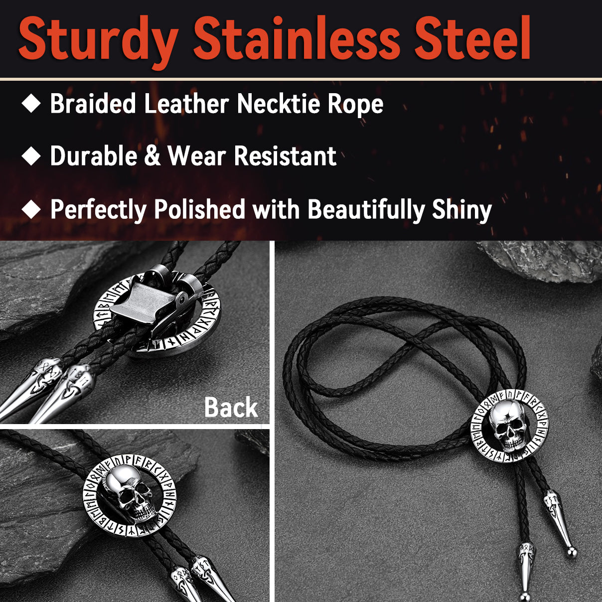 Gothic Skull Bolo Tie with Viking Rune for Men and Women