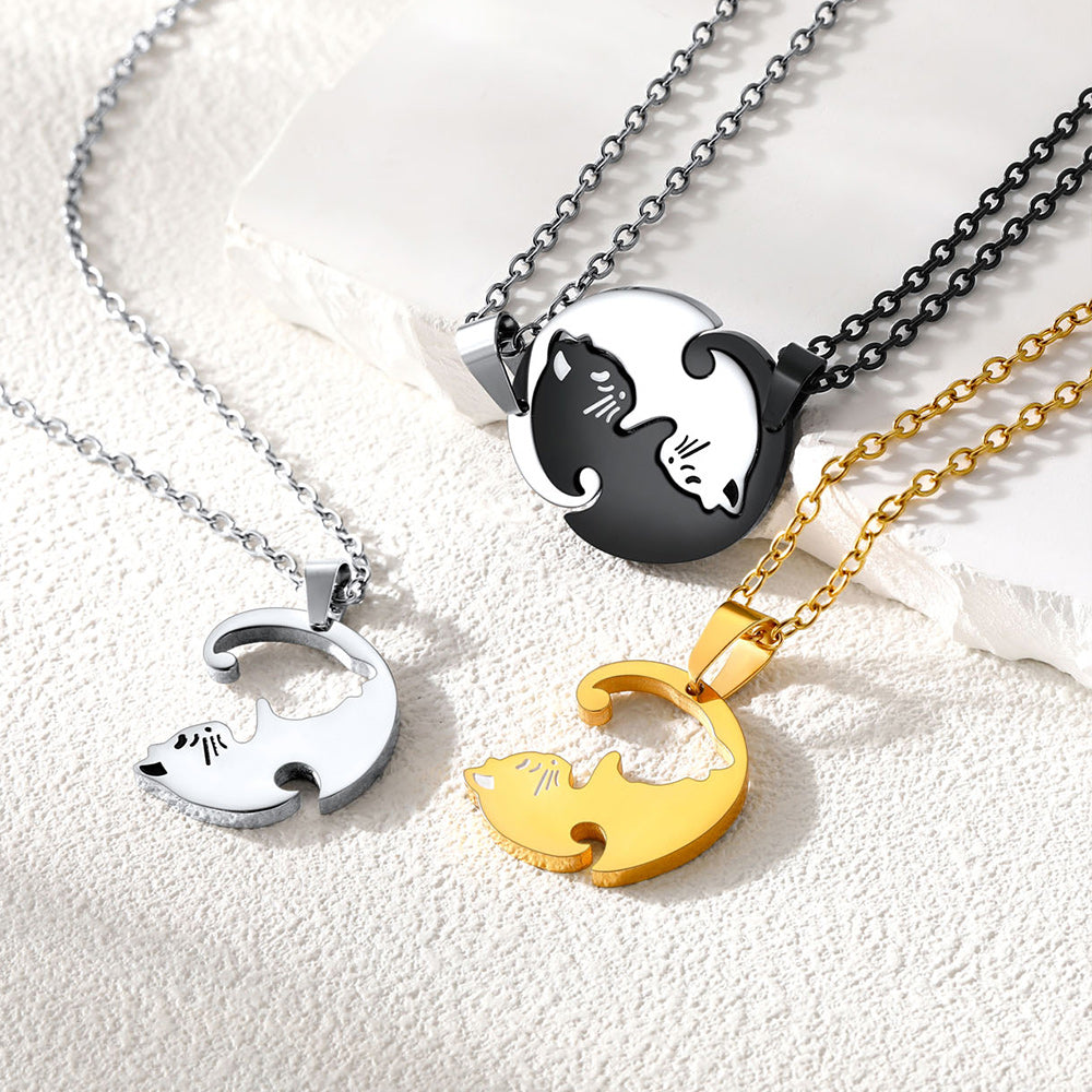 Custom Cat Matching Puzzle Necklace Engraved 2 Names Gift For Couple Girlfriend