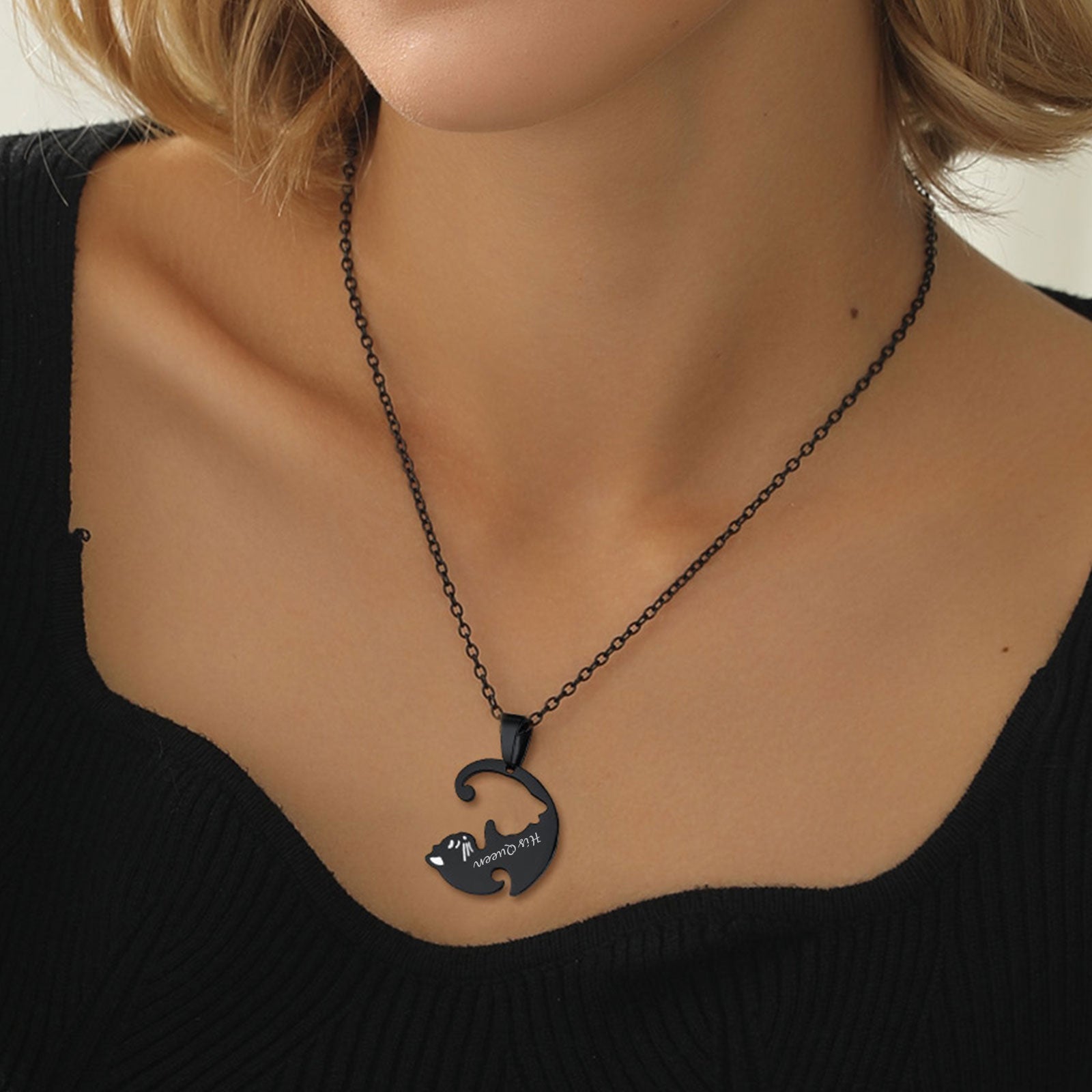 Custom Cat Matching Puzzle Necklace Engraved 2 Names Gift For Couple Girlfriend