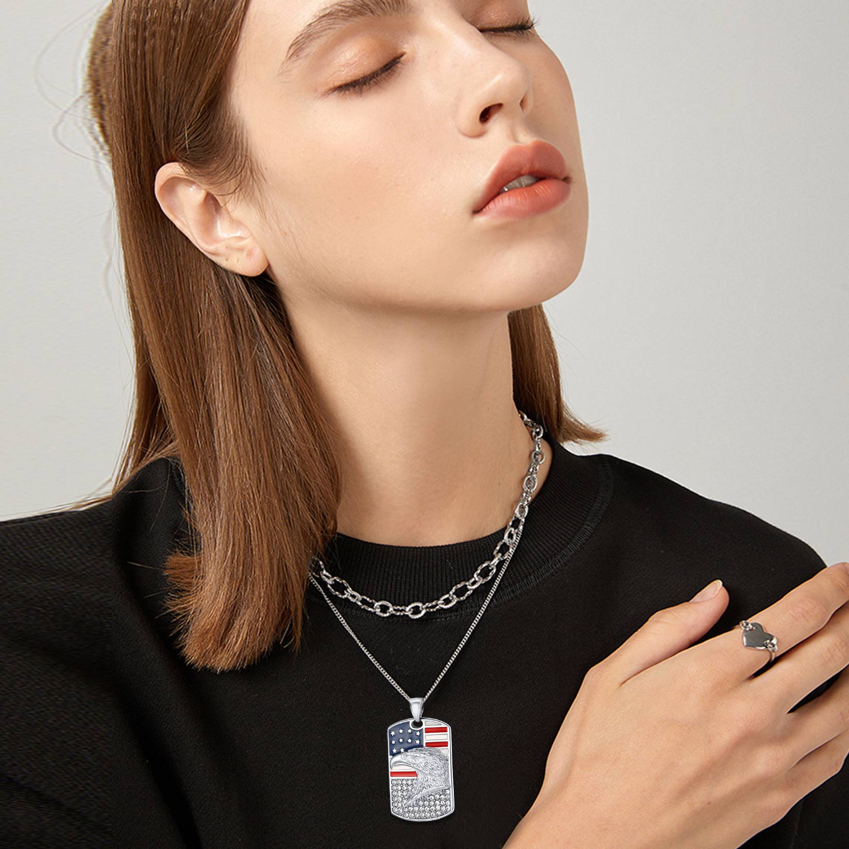 Engraved American Flag Eagle Dog Tag Necklace for Men Women