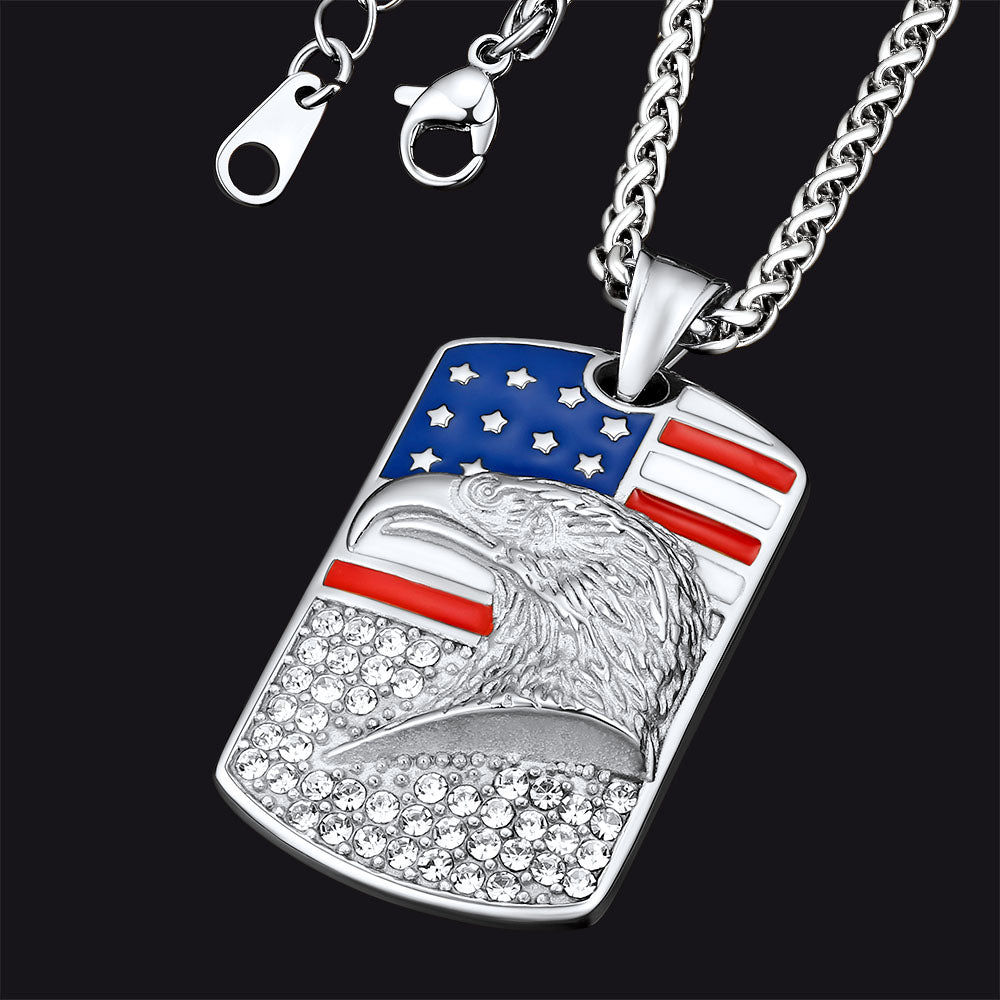 Engraved American Flag Eagle Dog Tag Necklace for Men Women