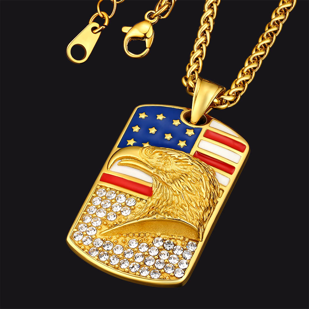 Engraved American Flag Eagle Dog Tag Necklace for Men Women