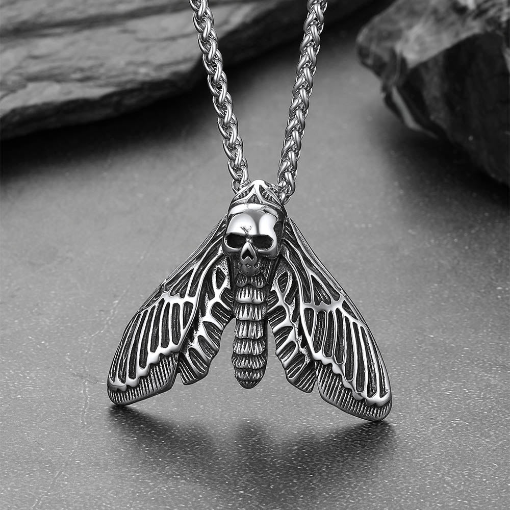 Cool Gothic Skull Moth Pendant Stainless Steel Necklace for Men Boys
