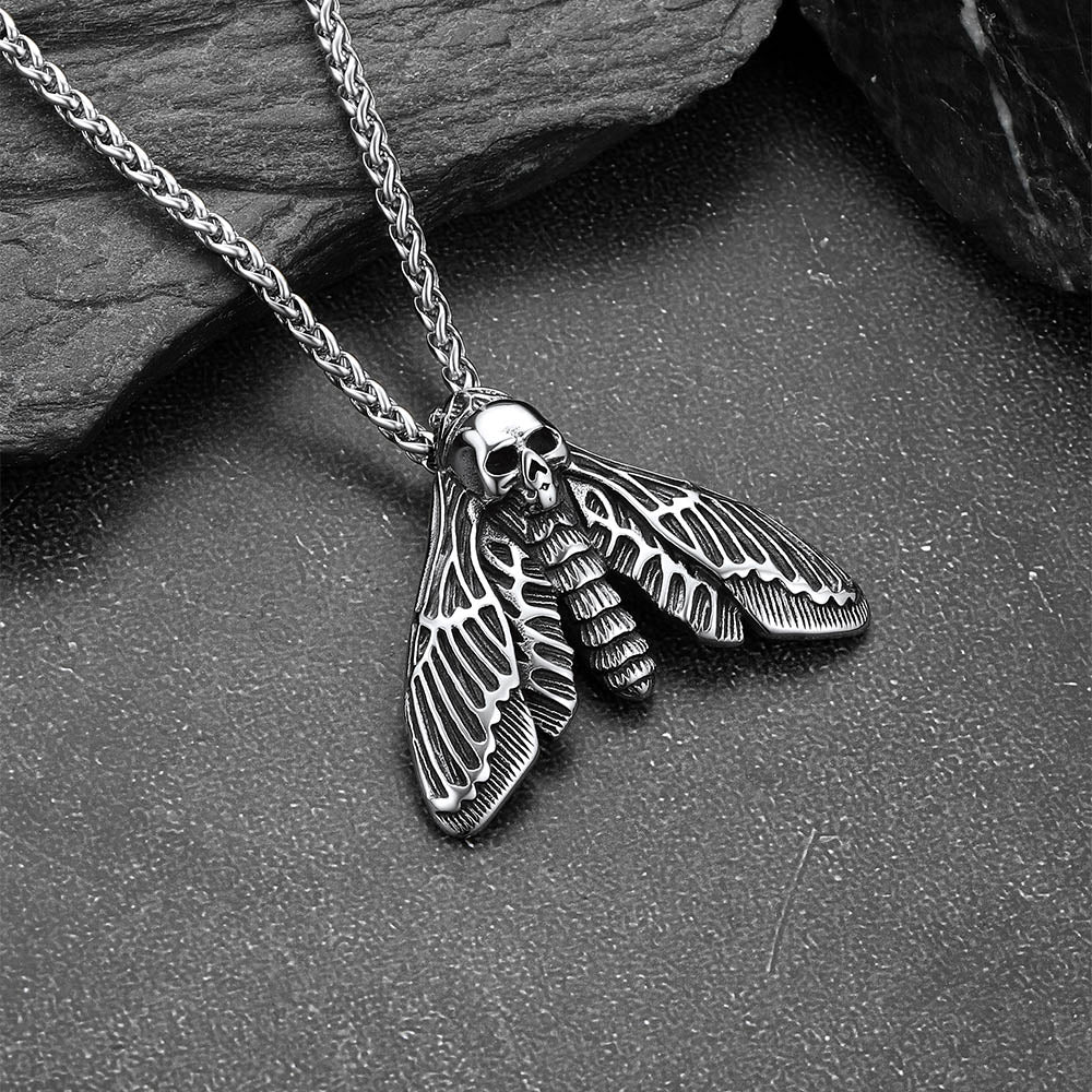 Cool Gothic Skull Moth Pendant Stainless Steel Necklace for Men Boys
