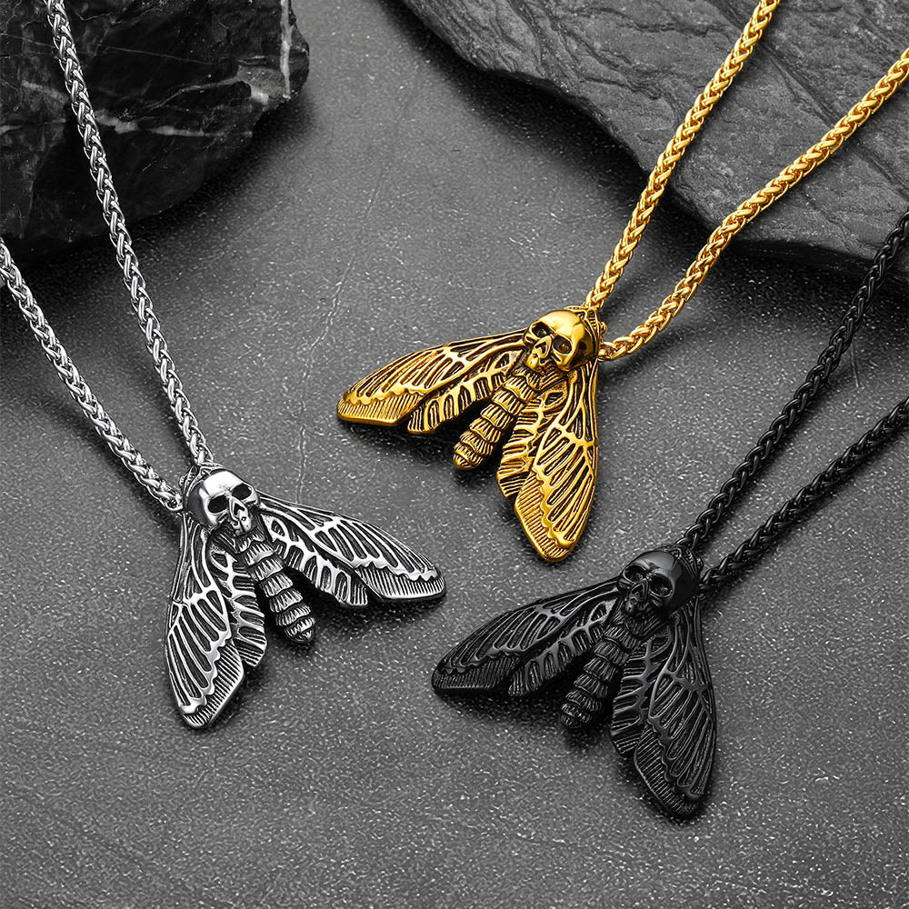 Cool Gothic Skull Moth Pendant Stainless Steel Necklace for Men Boys