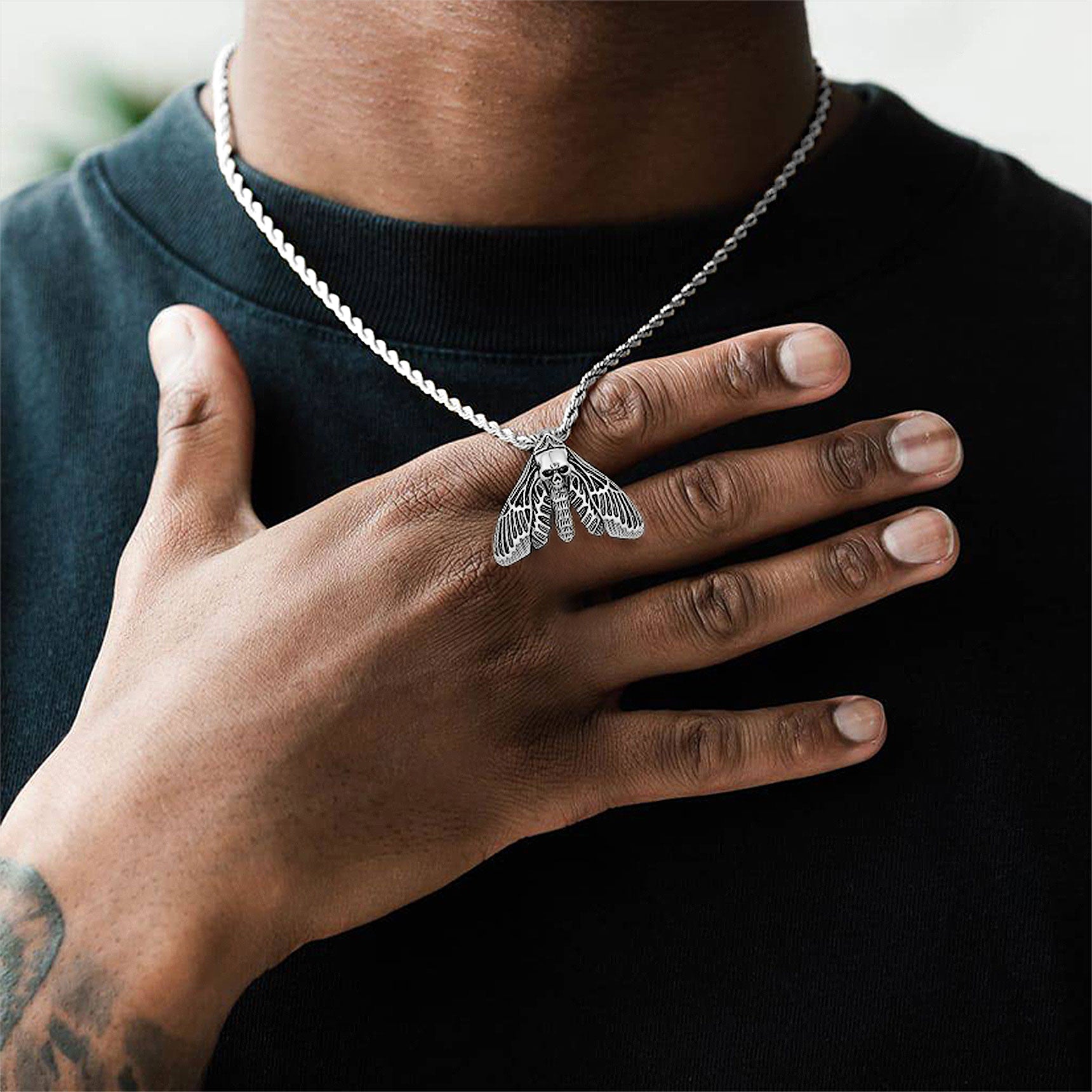 Cool Gothic Skull Moth Pendant Stainless Steel Necklace for Men Boys