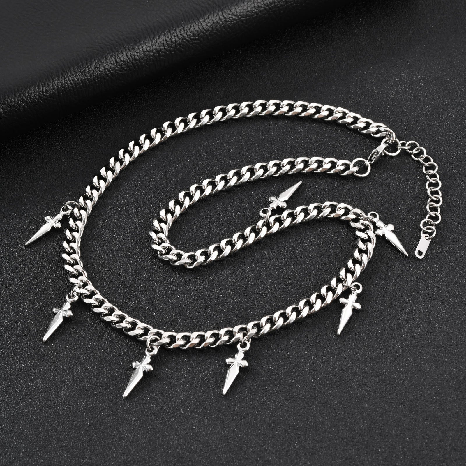 Gothic Cross and Spike Charmed Cuban Chain Necklace for Men
