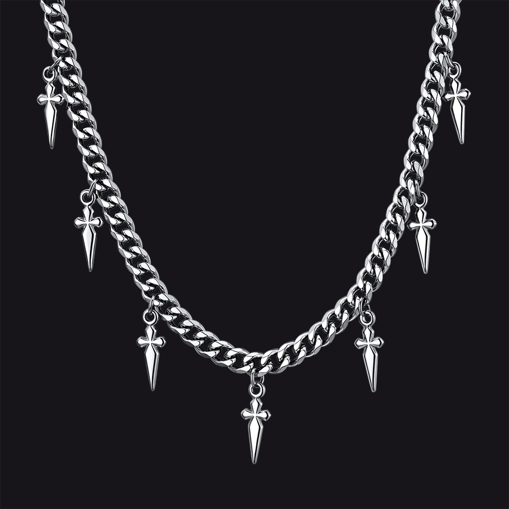 Gothic Cross and Spike Charmed Cuban Chain Necklace for Men