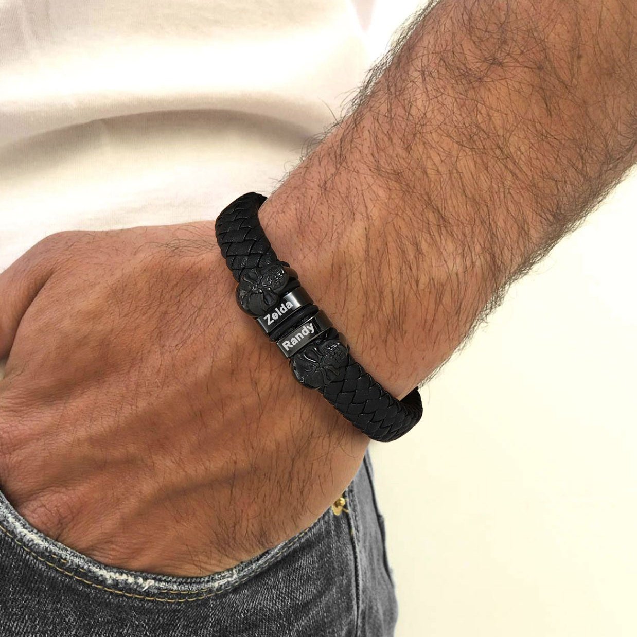 Personalized Name Beads Leather Bracelet with Skull for Men