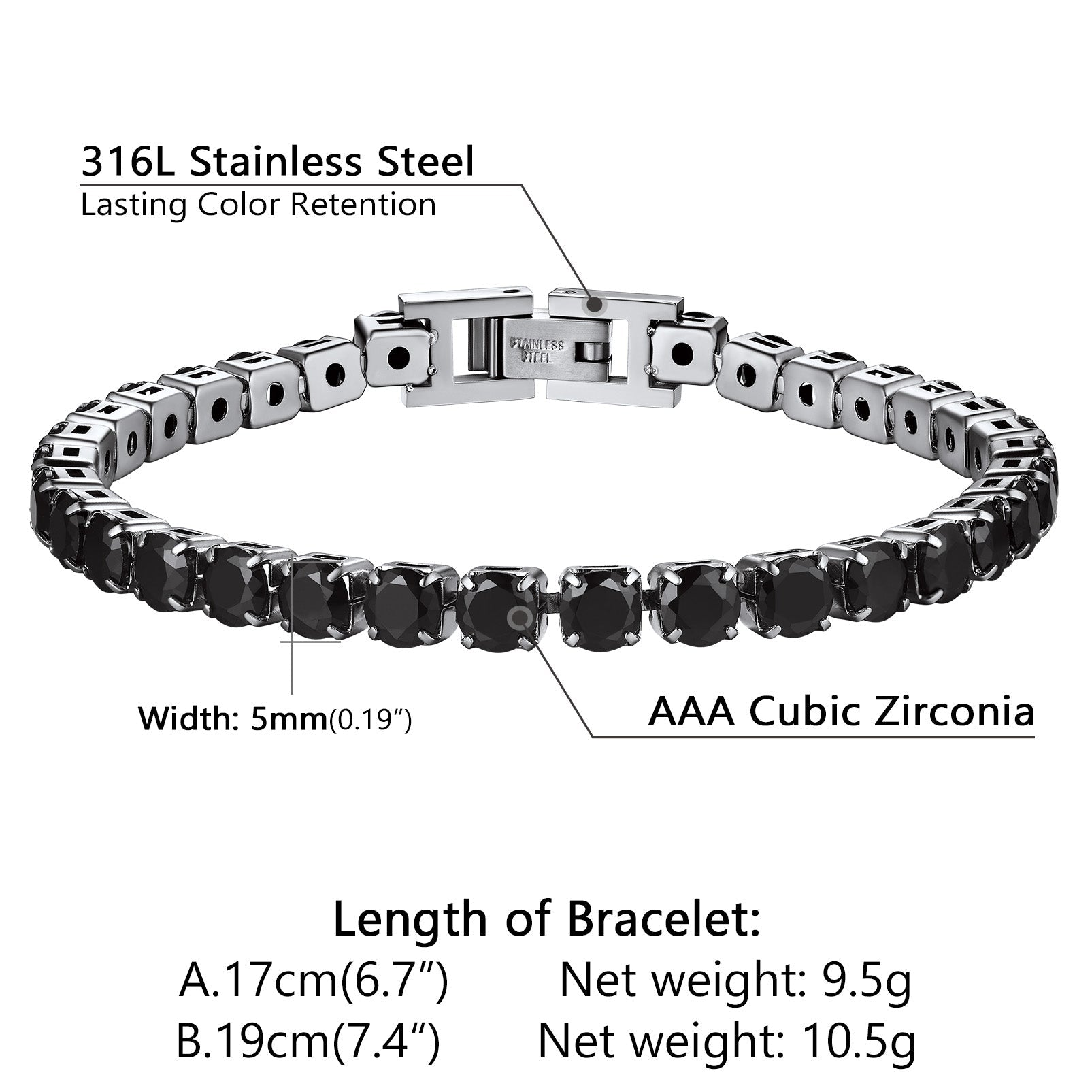 CZ Black Diamond Cut Tennis Chain Bracelet for Men, 3/5mm Width
