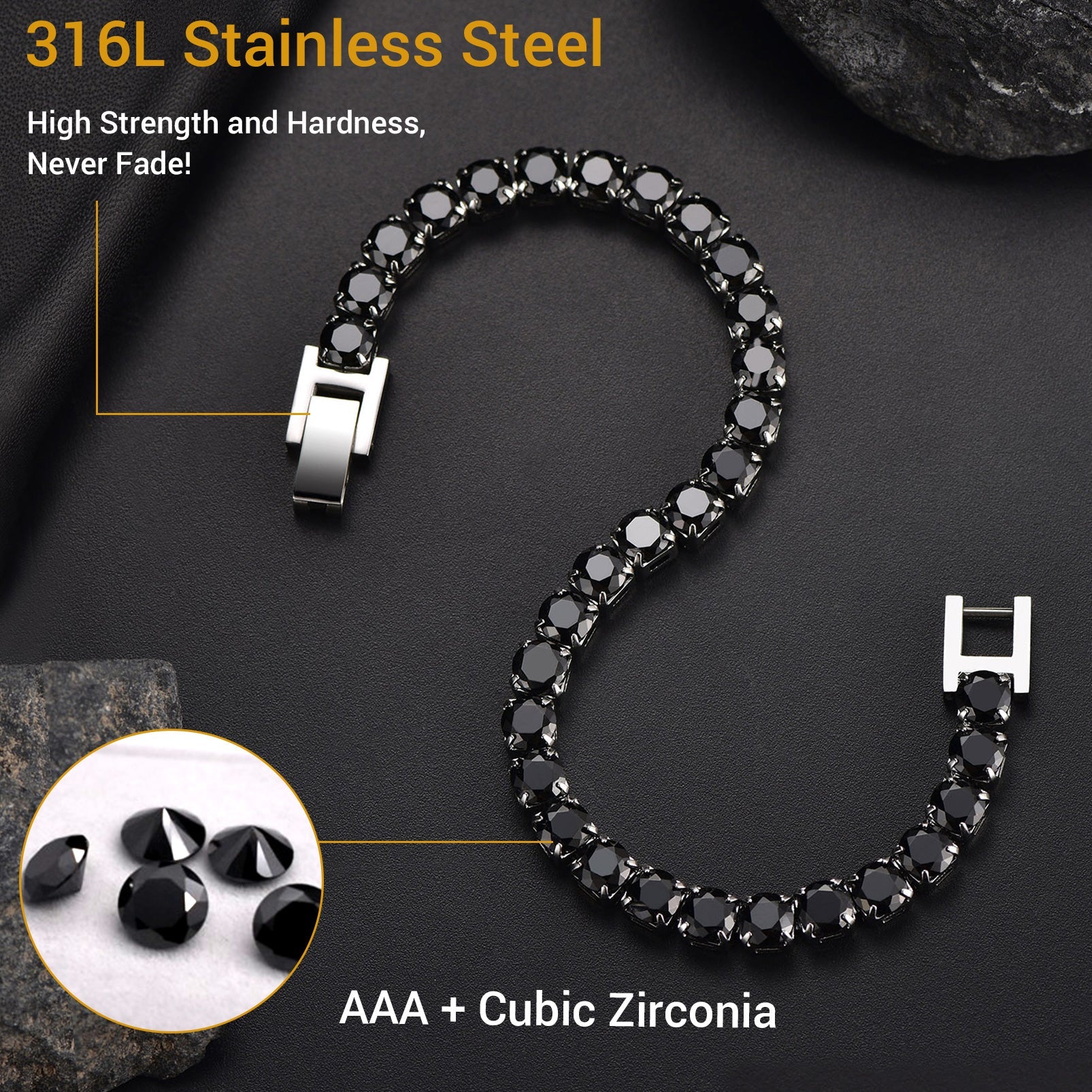 CZ Black Diamond Cut Tennis Chain Bracelet for Men, 3/5mm Width
