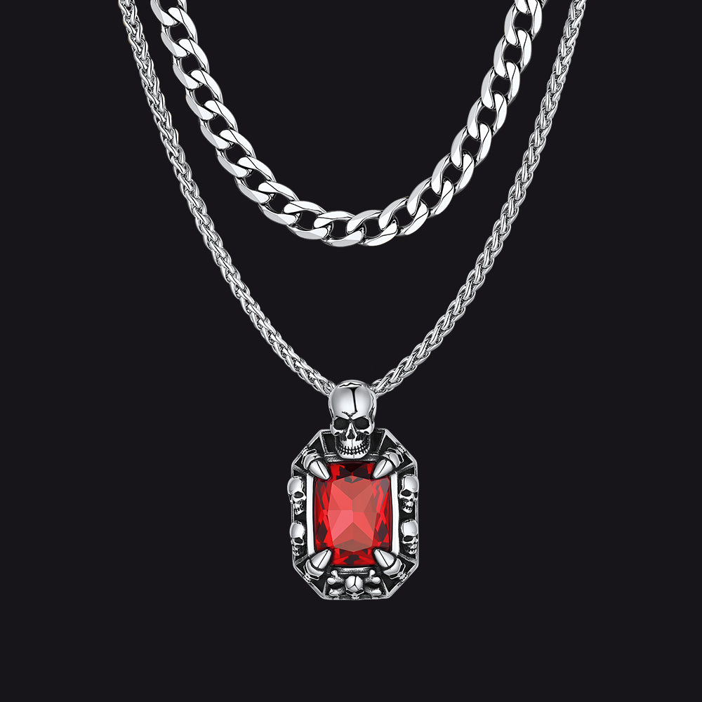 Cuban Curb Chain & Skull Crystal Layered Necklaces Set for Men