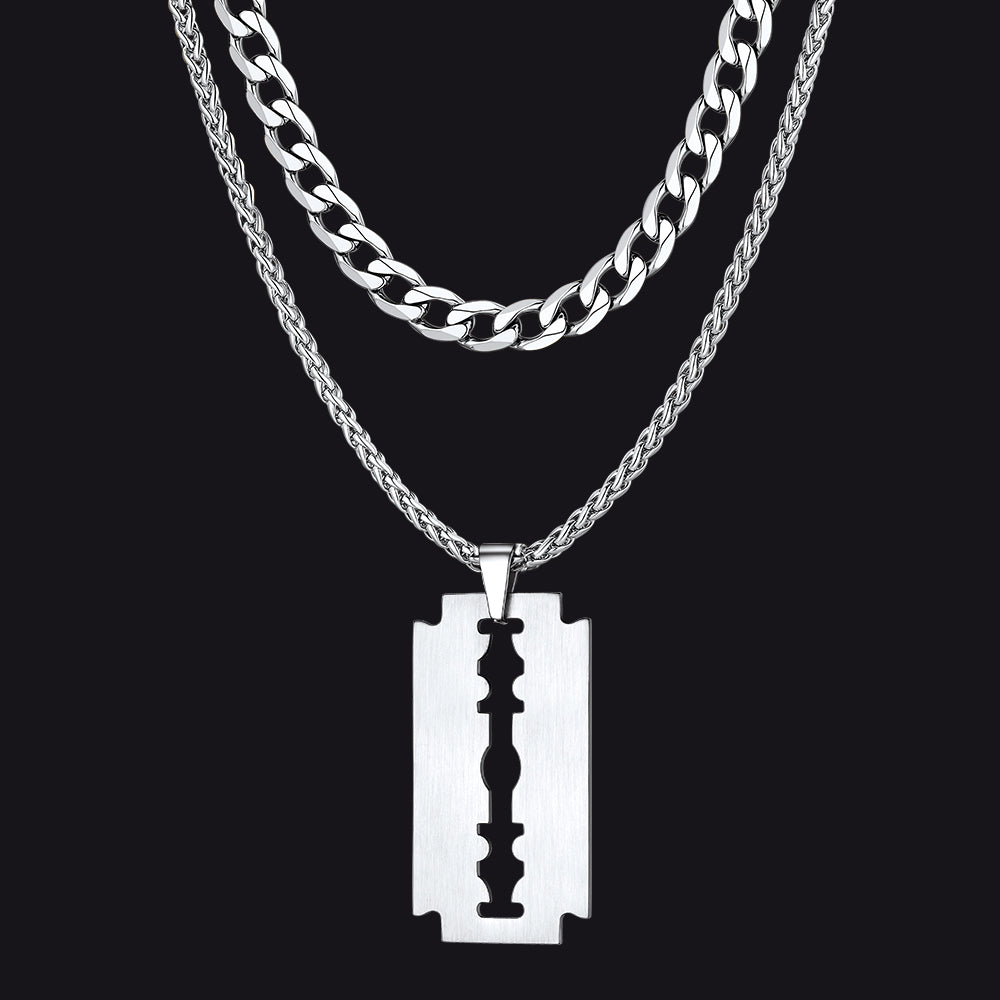 Cuban Chain & Eboy Razor Blade Necklace Set for Men