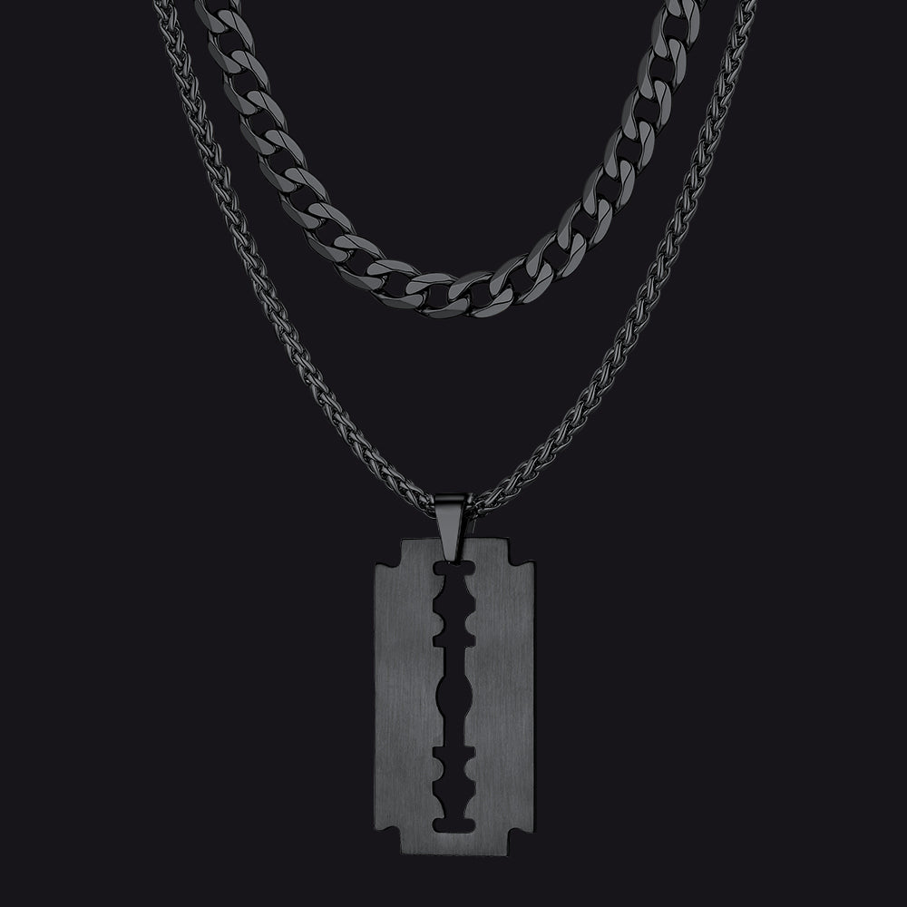 Cuban Chain & Eboy Razor Blade Necklace Set for Men