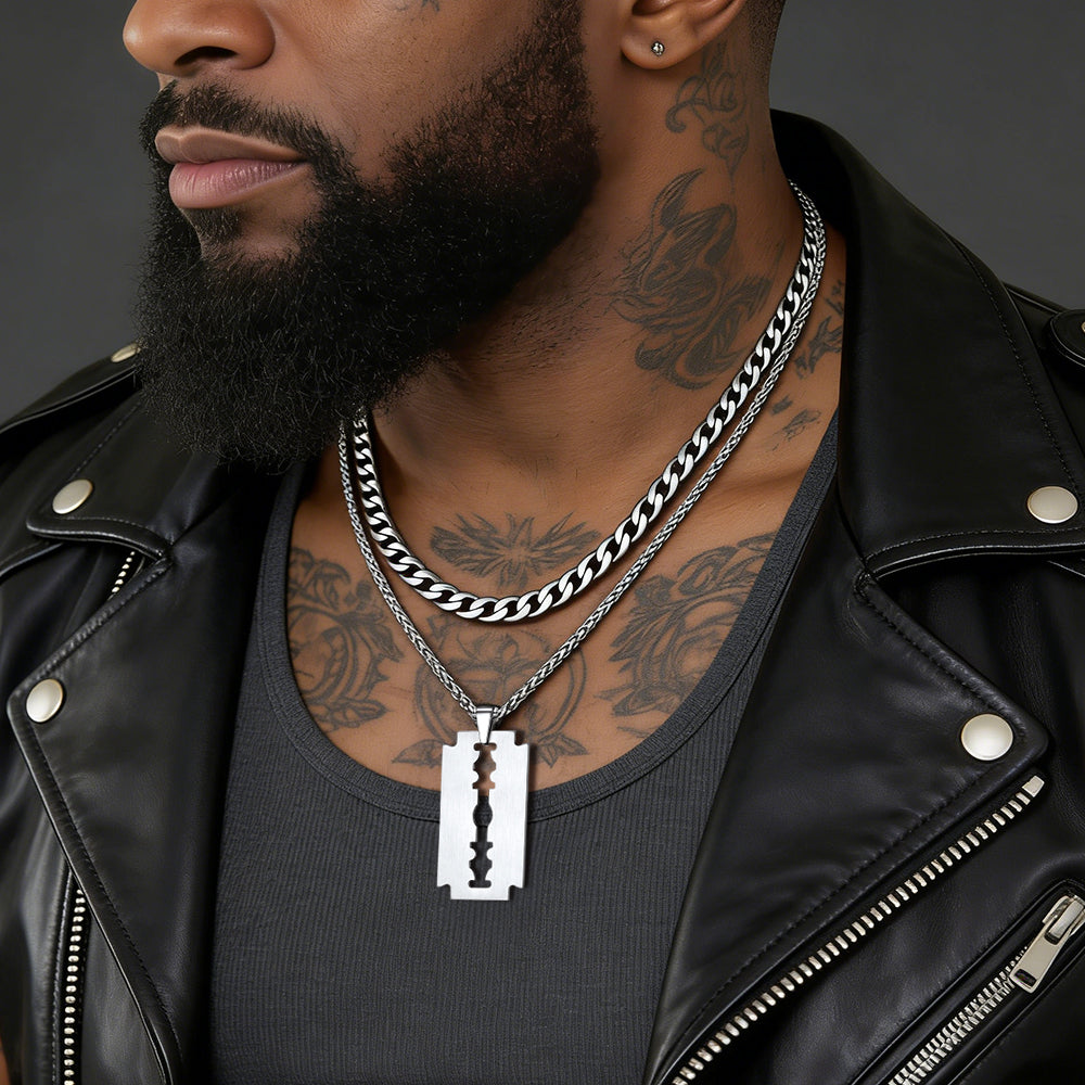 Cuban Chain & Eboy Razor Blade Necklace Set for Men
