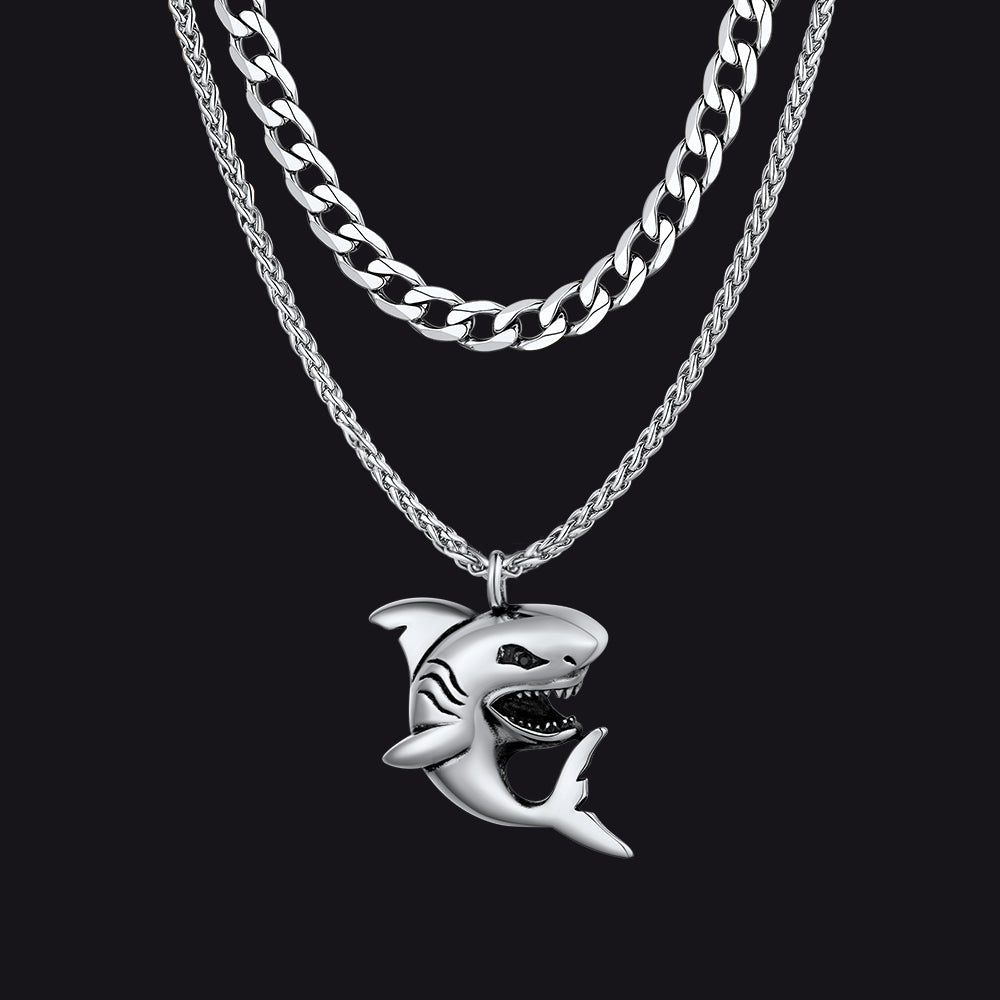 Cuban Chain & Punk Shark Necklace Set for Men