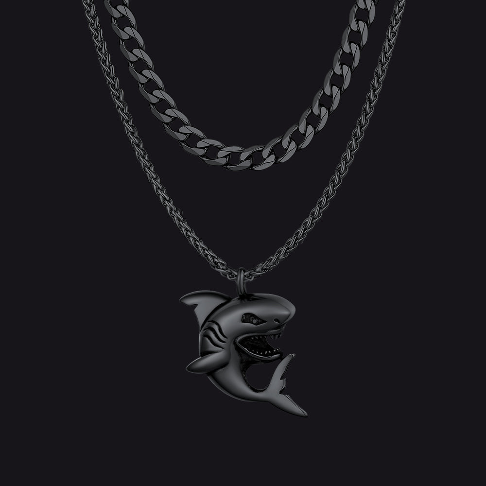 Cuban Chain & Punk Shark Necklace Set for Men