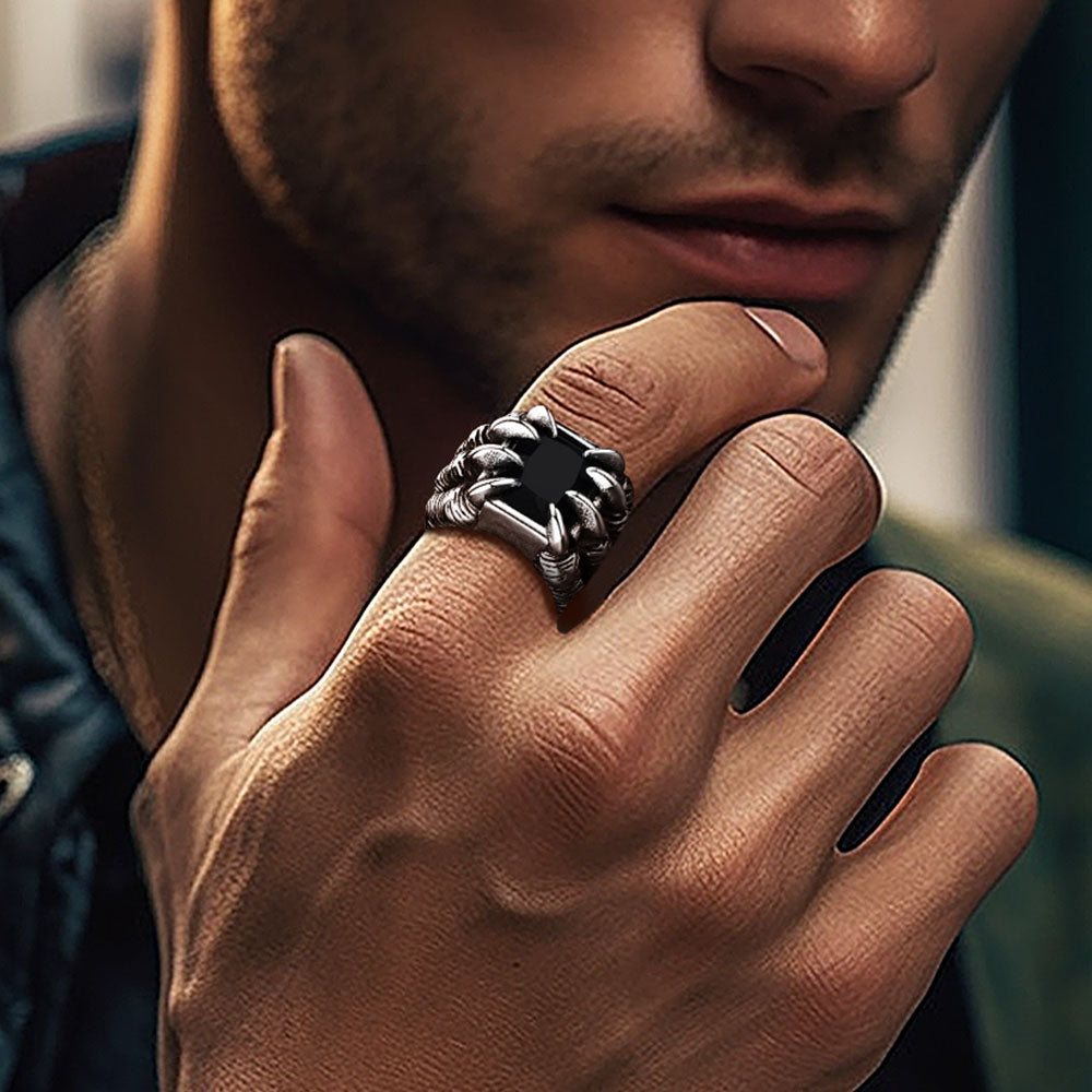 Crystal Dragon Claw Stainless Steel Gemstone Ring For Men