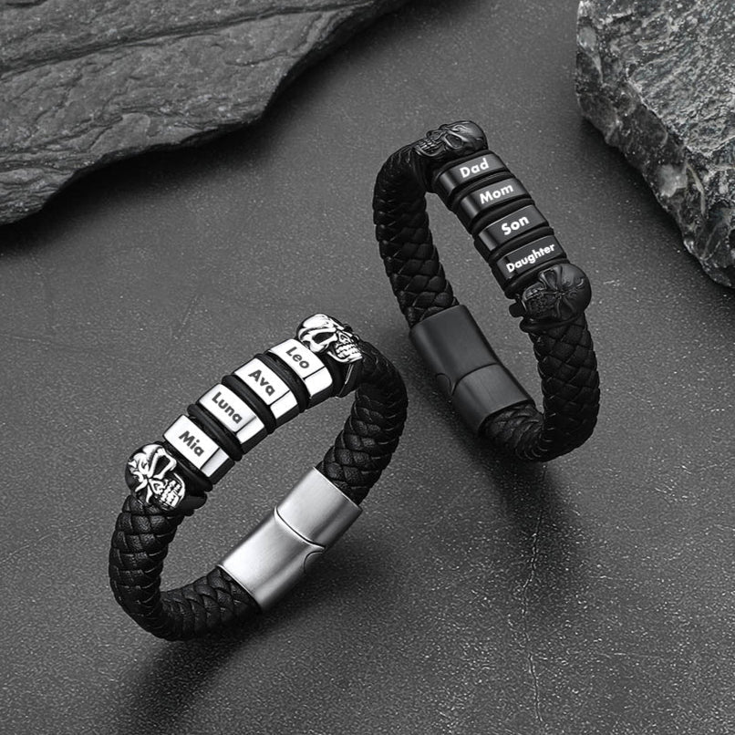 Personalized Name Beads Leather Bracelet with Skull for Men