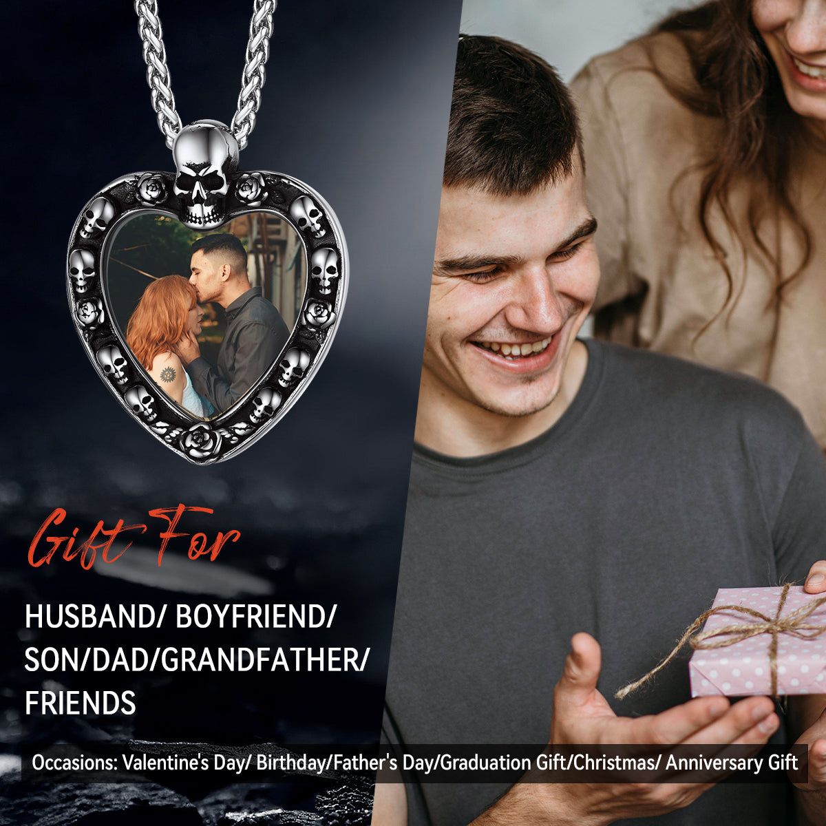 Customized Memorial Heart Photo Necklace with Skull for Men and Women