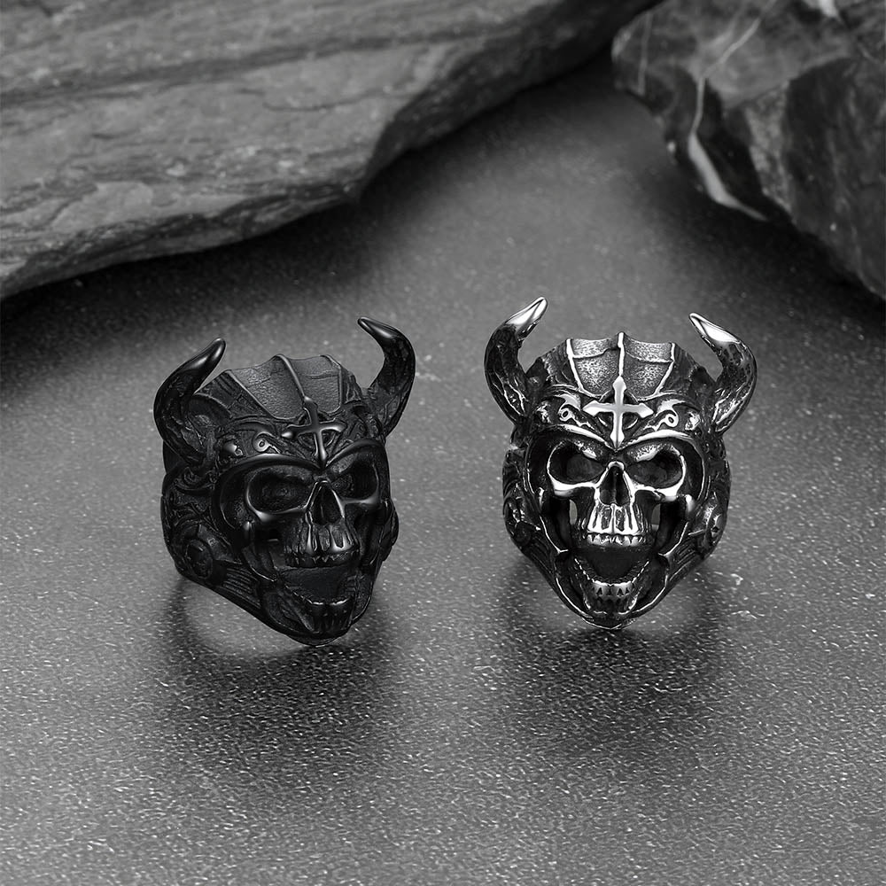 Heavy Metal Demon Skull Ring with Horns for Men, Stainless Steel Band