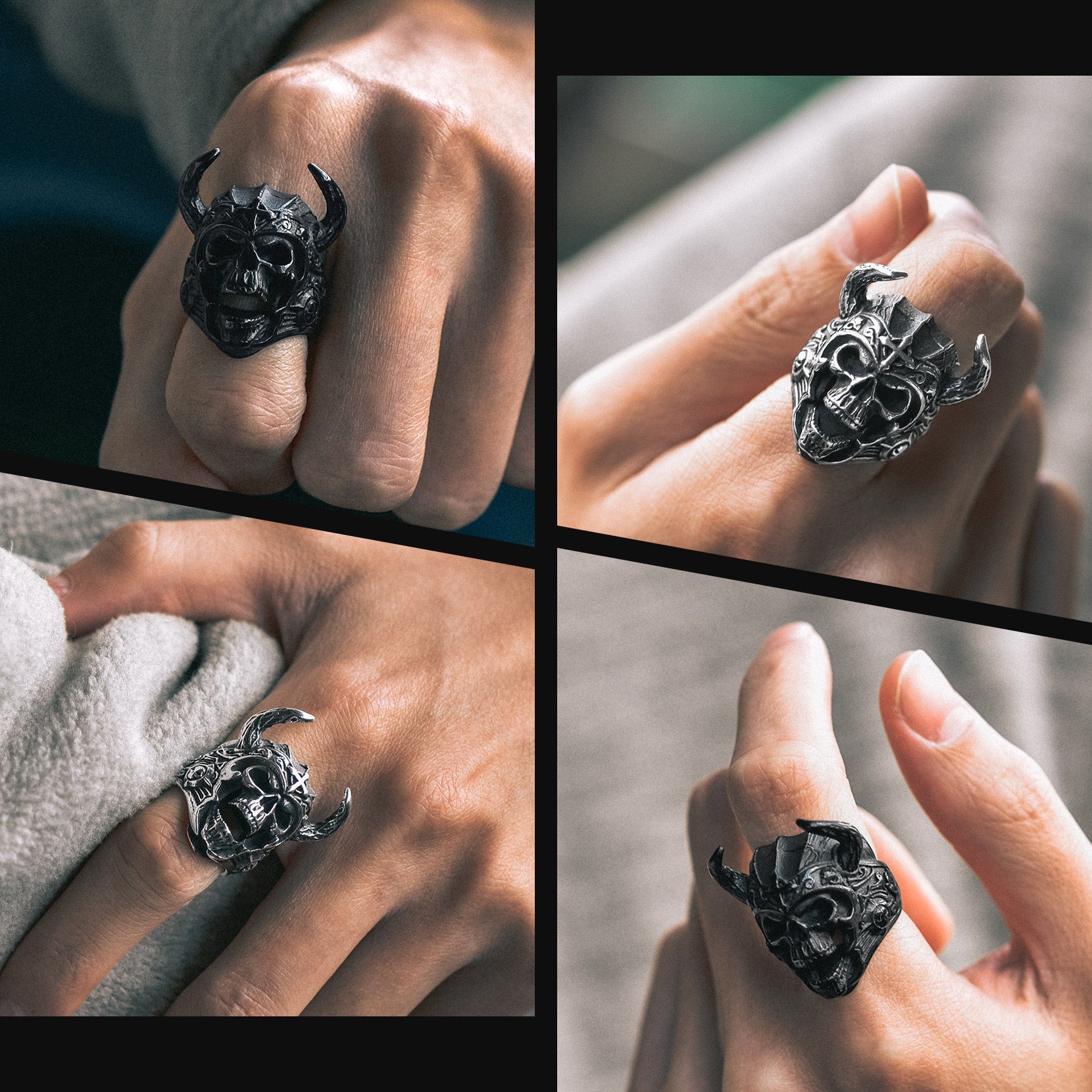 Heavy Metal Demon Skull Ring with Horns for Men, Stainless Steel Band