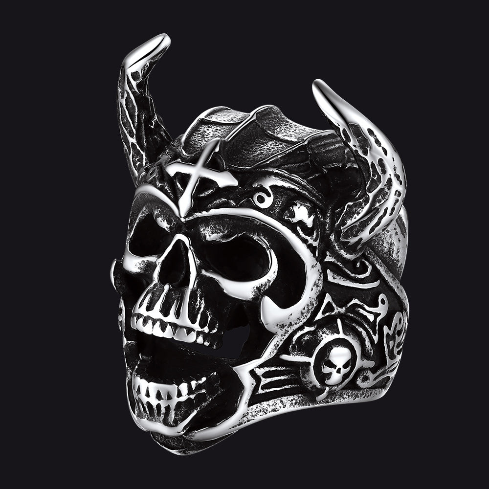 Heavy Metal Demon Skull Ring with Horns for Men, Stainless Steel Band
