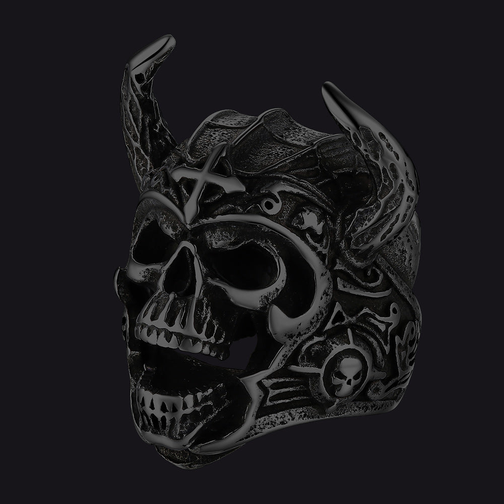 Heavy Metal Demon Skull Ring with Horns for Men, Stainless Steel Band