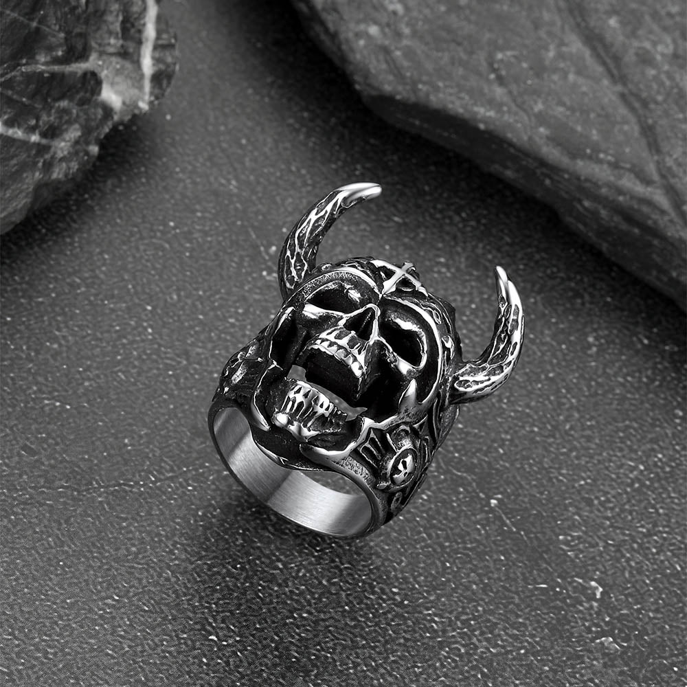 Heavy Metal Demon Skull Ring with Horns for Men, Stainless Steel Band