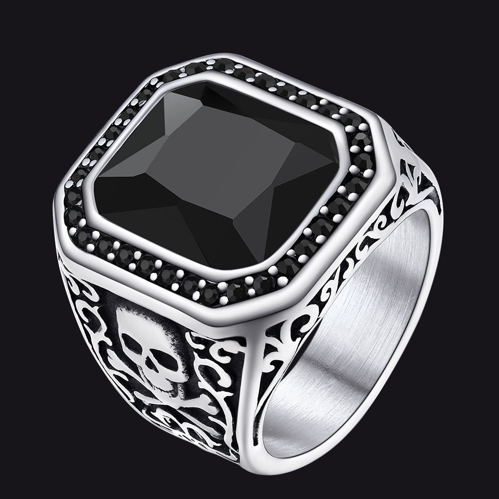 Gothic Skull Black Onyx Stone Signet Ring for Men