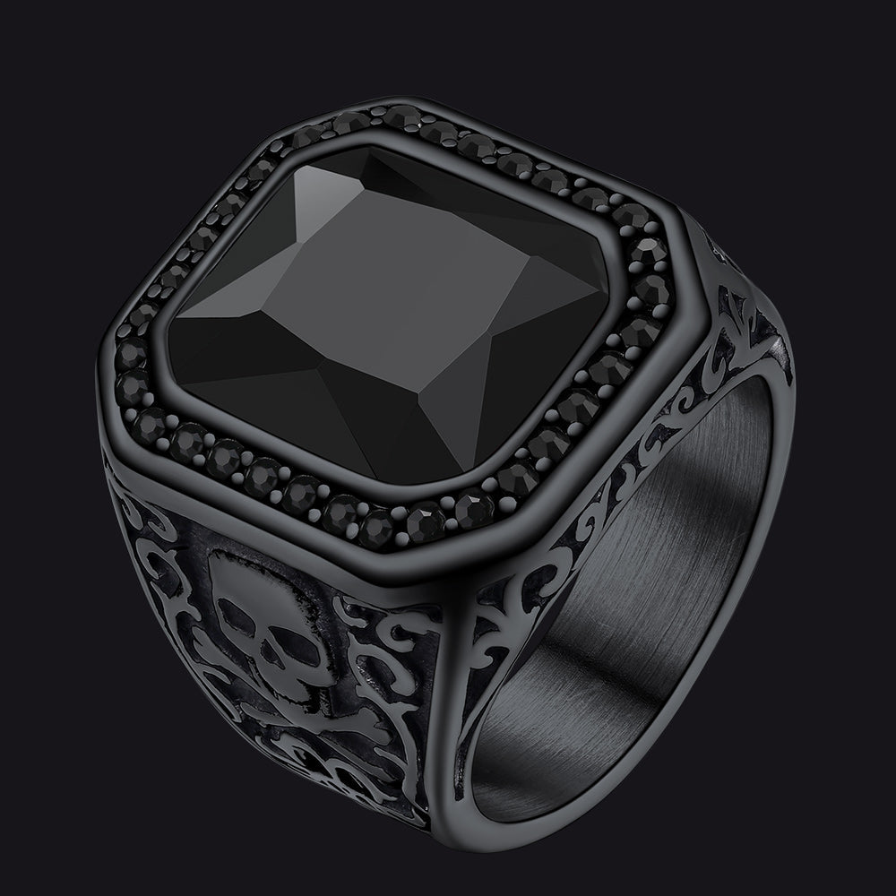 Gothic Skull Black Onyx Stone Signet Ring for Men