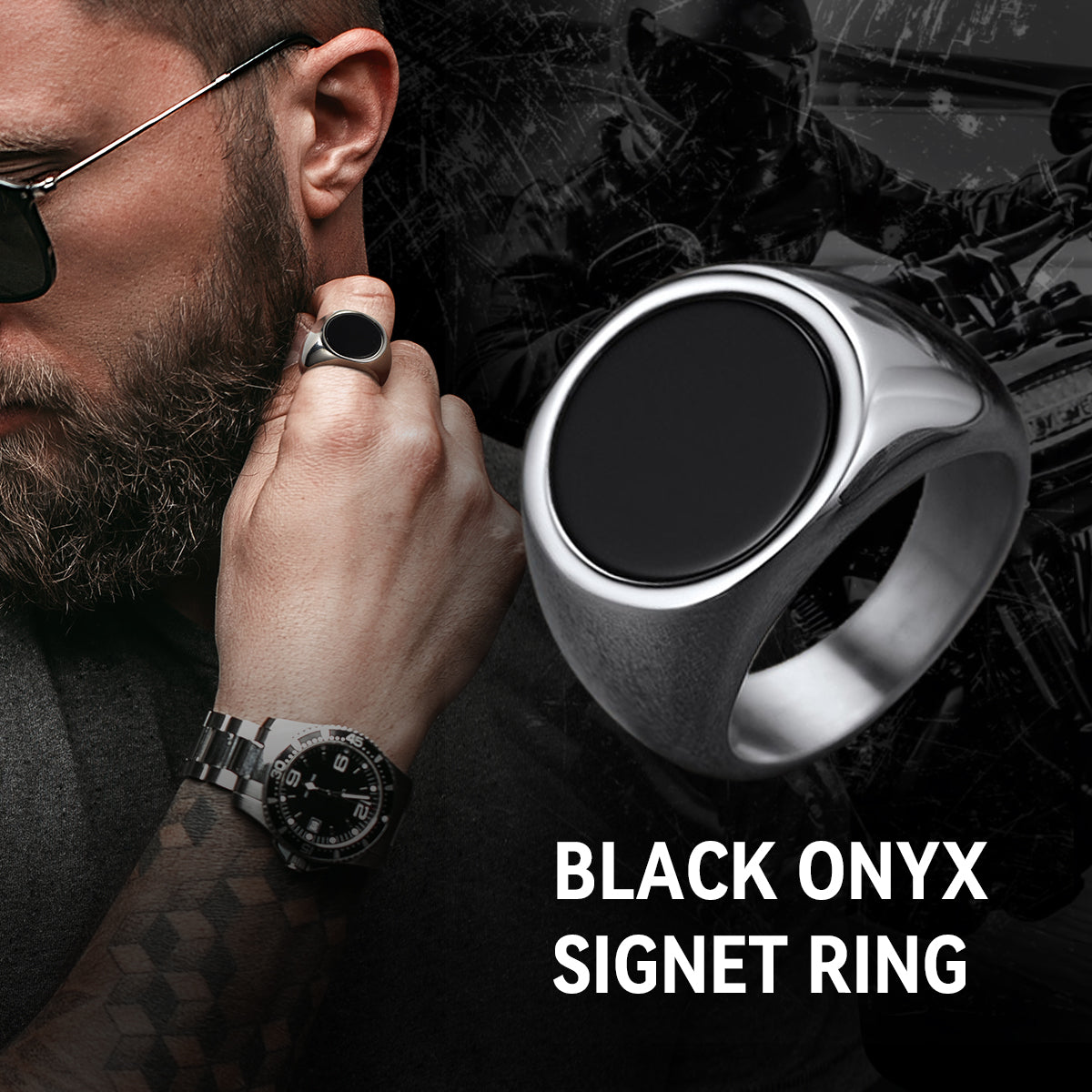 Round Black Onyx Signet Ring for Men Stainless Steel