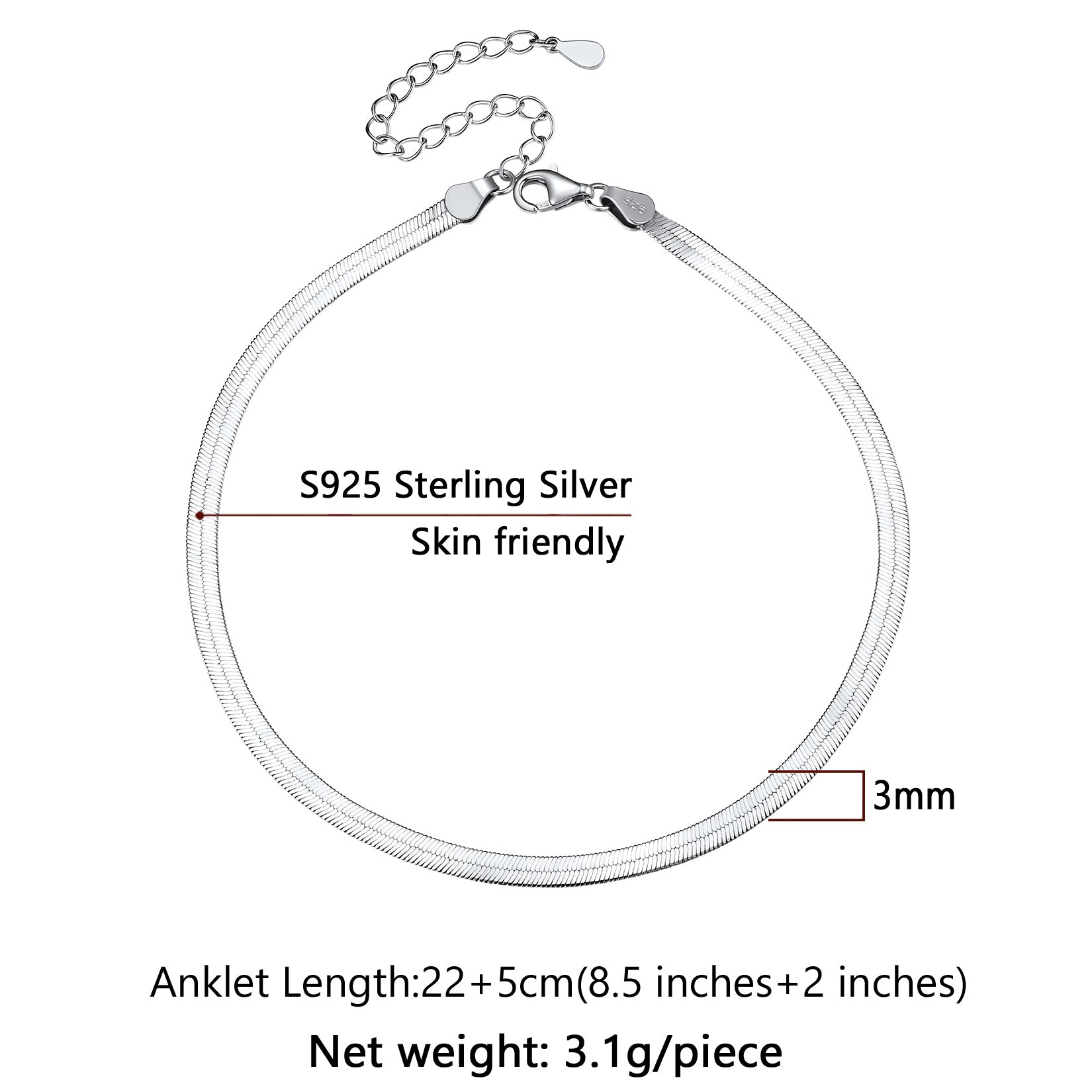 Sterling Silver Flat Snake Chain Anklet Bracelet for Women