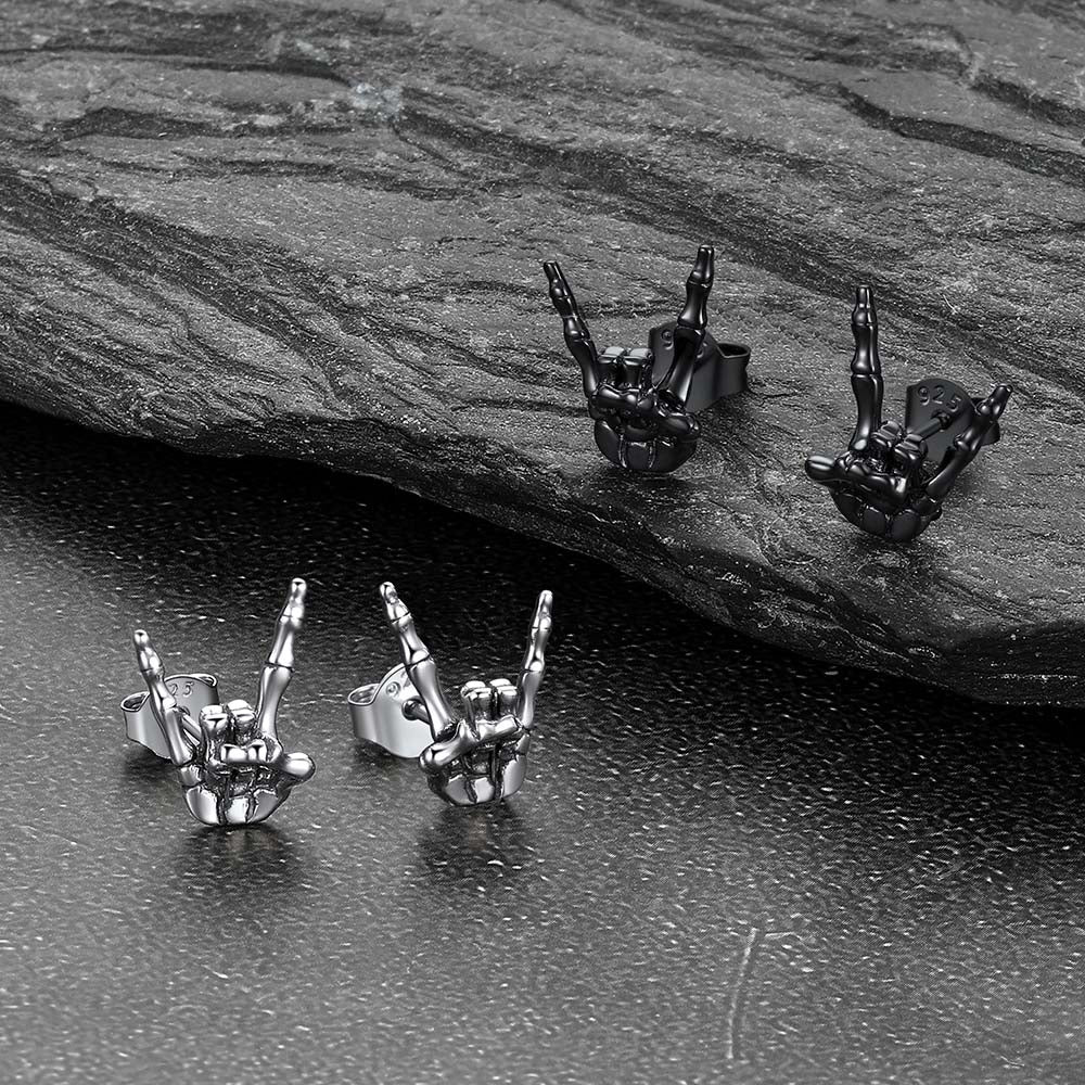 Skeleton Hand Stud Earrings for Men – 925 Sterling Silver Gothic Earrings