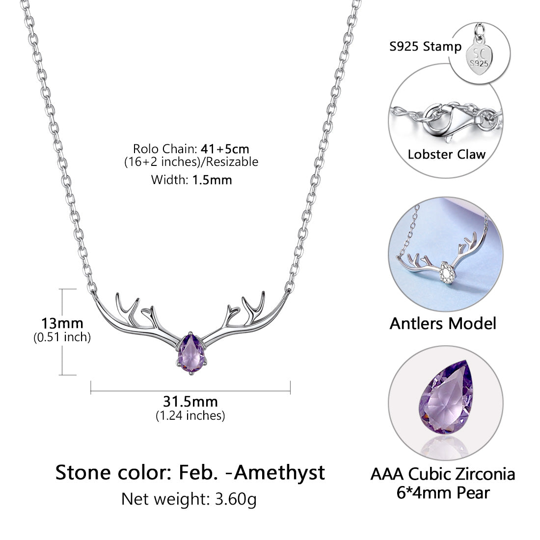 925 Sterling Silver Birthstone Deer Antler Necklace for Women