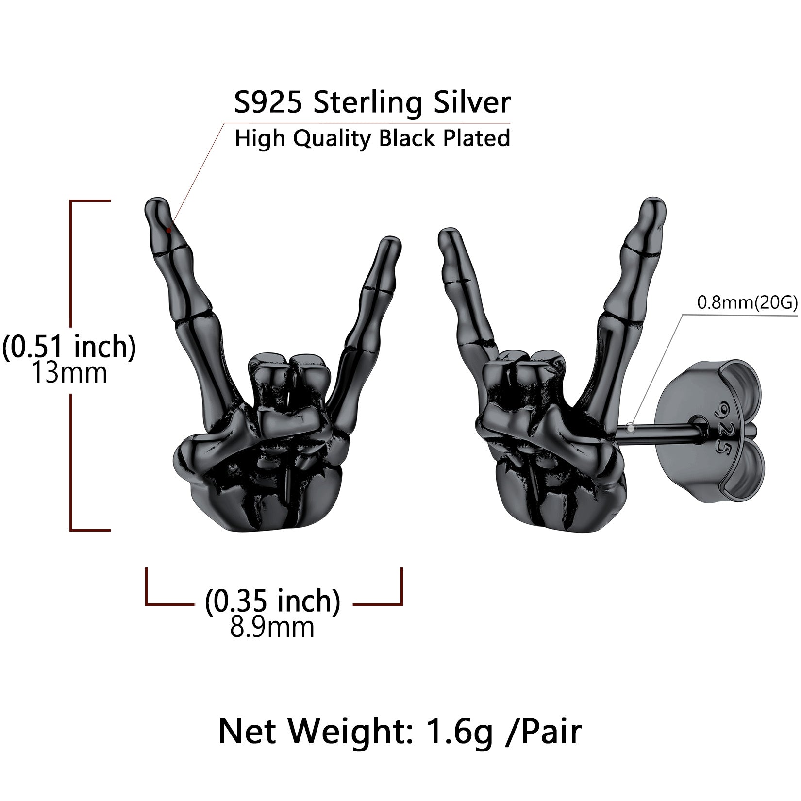 Skeleton Hand Stud Earrings for Men – 925 Sterling Silver Gothic Earrings